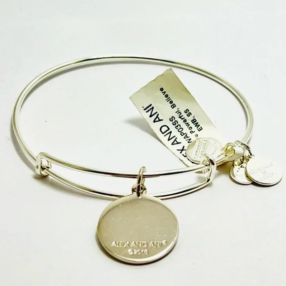 Alex and Ani Shiny Silver Bracelet with Teal 'Believe' Charm - Picture 3 of 7